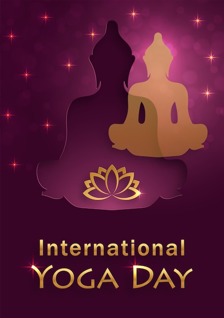 Internationale yogadagkaart met Bouddha-symbolen en spirituals-elementen met goudpapier gesneden stijl op een achtergrond met kleur voor deze gelukkige spirituele dag vertaal Om