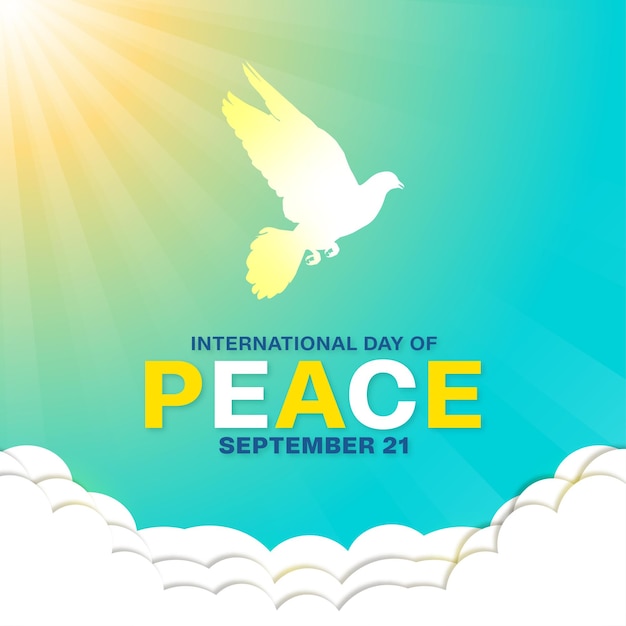 国際平和デーのコンセプト両手空の青と黄色の背景 withcloud またはハトと太陽光線