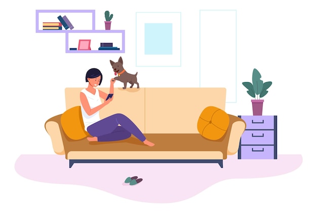 Internet addiction Woman playing with dog and looking at smartphone screen