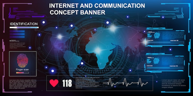 Интернет и связь концептуальный баннер инновационное киберпространство с картой мира пользовательский интерфейс hud gui ui инновационная концепция векторный баннер