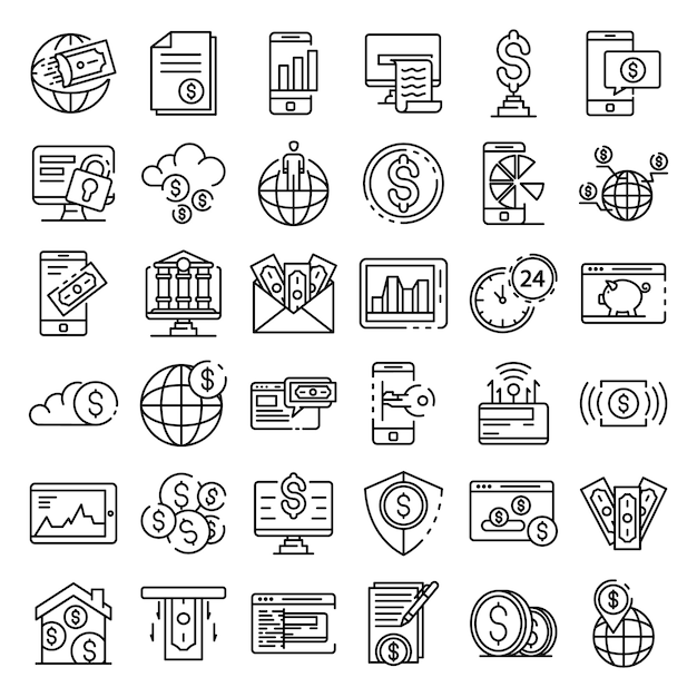 Internet banking icons set, outline style