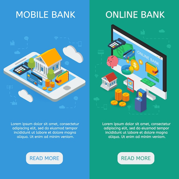 Internet Banking Isometric Vertical Banners