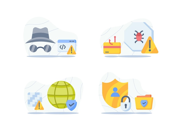 Vector internet beveiligingsconcept icon set pakket collectie met incognito beveiligd tegen bugs en viruswaarschuwing vectorillustratie