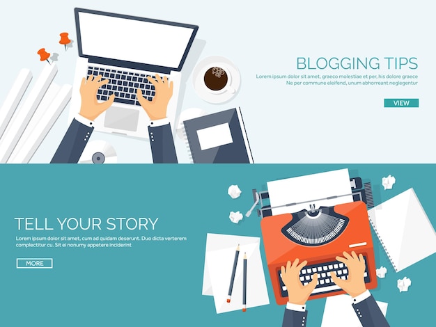 Internet blogging vector illustration web blog story with author laptop with typewriter workplace