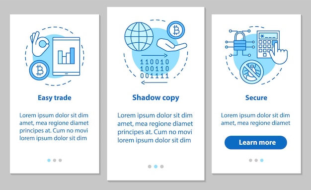 Internet business onboarding mobiele app paginascherm met lineaire concepten. Online handels-app. Gemakkelijke handel, schaduwkopie, instructies voor digitale beveiligingsstappen. UX, UI, GUI vectorillustraties
