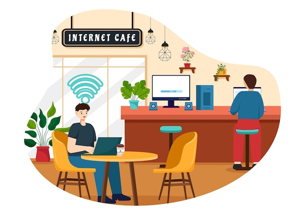 Internet Cafe Vector Illustration of Young People Playing Games Workplace use a Laptop and Drinking