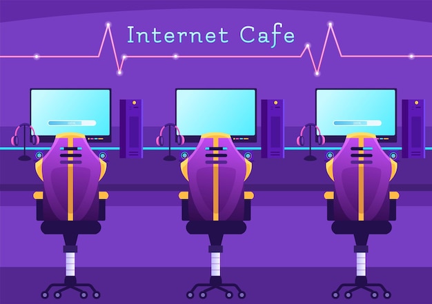 Vector internet cafe of young people playing games and workplace use a laptop in flat cartoon illustration