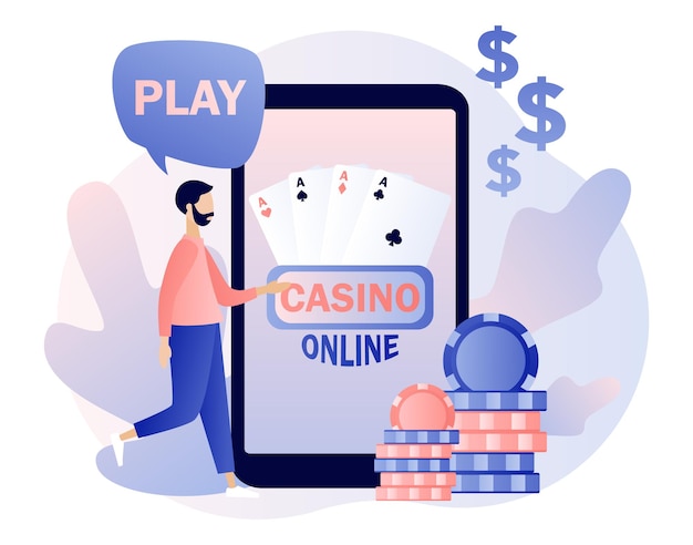 internet casino and gambling concept tiny man gaming online games on smartphone play online poker