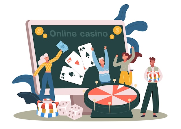 Vector internet casino winners man and woman characters playing roulette with slots cards online gambling concept