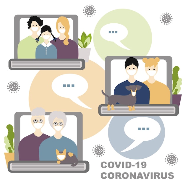 Internet communication with family concept Three families communicate on the Internet through laptops Coronavirus concept Novel coronavirus 2019nCoV covid19