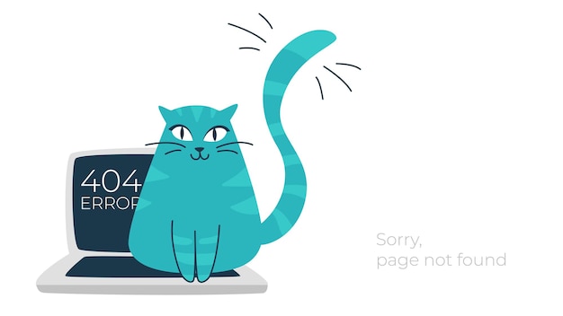 Illustrazione del concetto di problema di connessione a internet 404 pagina di errore non trovata un gatto si siede su un laptop