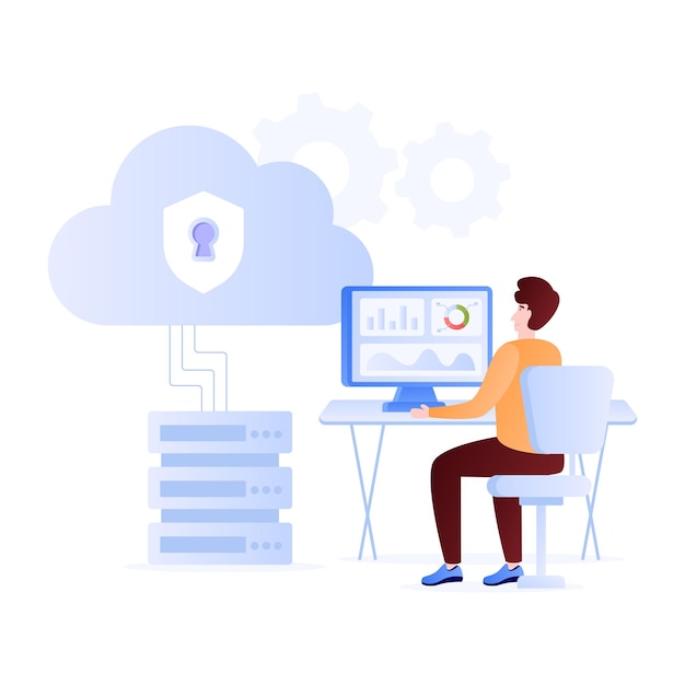 Illustrazione piana di sicurezza dei dati internet dell'archiviazione cloud