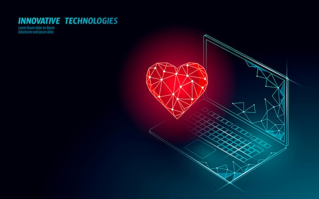 Vector internet dating app concept. 3d low poly laptop romantic relationship symbol heart. social media love date find couple service. website romantic message vector illustration.