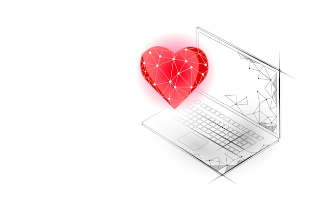 Concetto di app di incontri su internet. cuore di simbolo di relazione romantica 3d low poly laptop. la data d'amore sui social media trova il servizio di coppia. illustrazione di vettore del messaggio romantico del sito web.