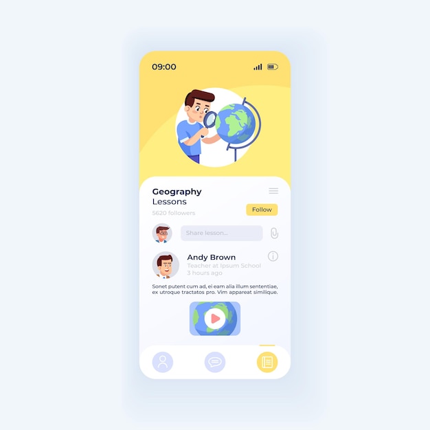 Интернет-образование приложение смартфон интерфейс вектор шаблон. макет дизайна световой темы страницы мобильного приложения. экран списка уроков. плоский интерфейс для приложения. страница онлайн-учителя на дисплее телефона