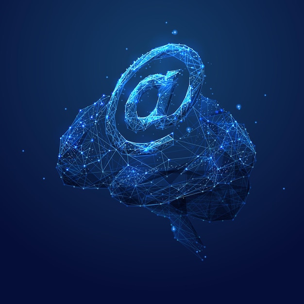 At internet email symbol and human brain Technological concept Low poly blue Polygonal abstract