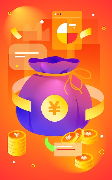 Internet financial management money bag with lots of gold coins and coupons vector illustration