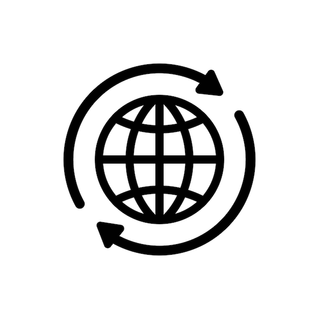 Icona di internet. icona del globo terrestre internazionale del mondo. globo rotondo con 2 frecce di sincronizzazione intorno all'icona. siluetta di simbolo del globo. icone del mondo