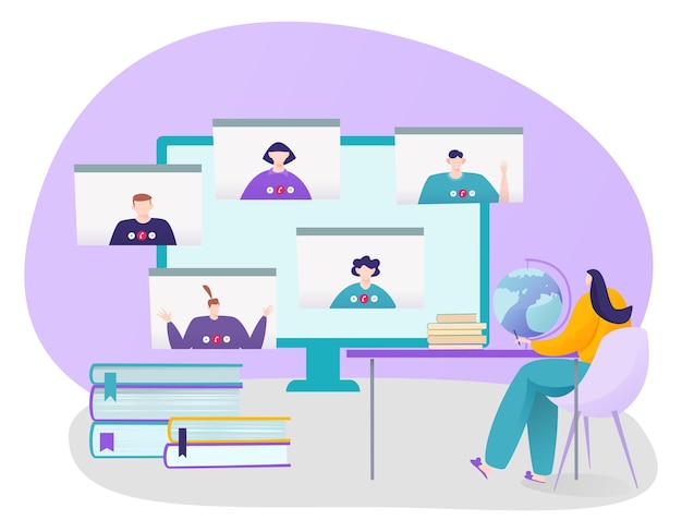 コンピューター画面技術ベクトル図でのインターネット学習遠隔学習使用ビデオ会議で平らな人々 の文字