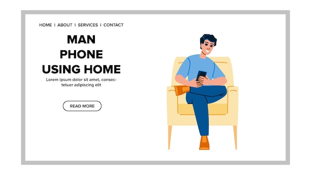 Vector internet man phone using home vector adult technology business cell casual communication internet man phone using home web flat cartoon illustration