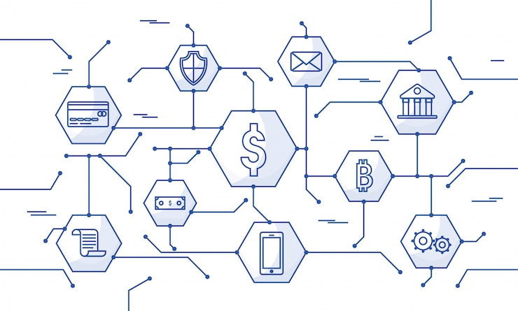 Vector internet money, secure payment transaction, payment mechanism. fintech (financial technology) background. blue flat style illustration.