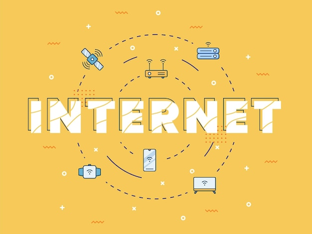 중앙에 큰 텍스트가 있는 인터넷 네트워크 Iot 인터넷과 현대적인 평면 스타일로 퍼져 있는 아이콘