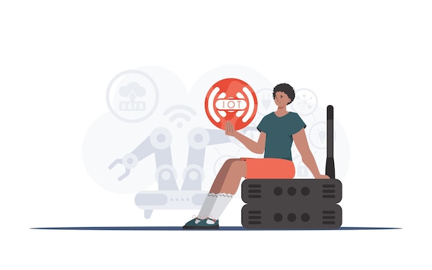 Vector internet of things-concept een man houdt het internet of things-logo in haar handen router en server goed voor websites en presentaties vectorillustratie in trendy platte stijl