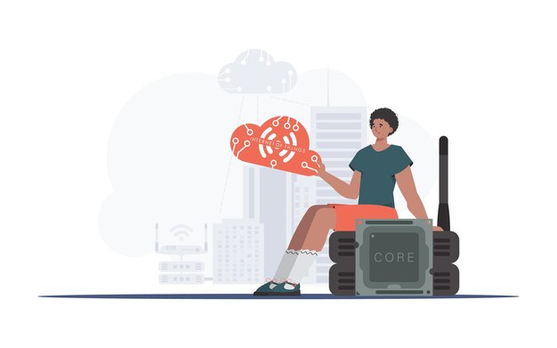 Internet of things en automatiseringsconcept De man zit op de router en houdt het internet of things-logo in zijn handen Vector illustratie in trendy platte stijl