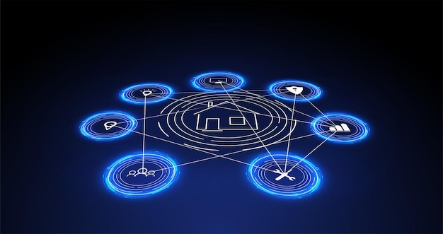 Internet of things (iot) en netwerkconcept voor aangesloten apparaten. spinnenweb van netwerkverbindingen met op een futuristische blauwe achtergrond. digitaal ontwerpconcept. iot-hologram