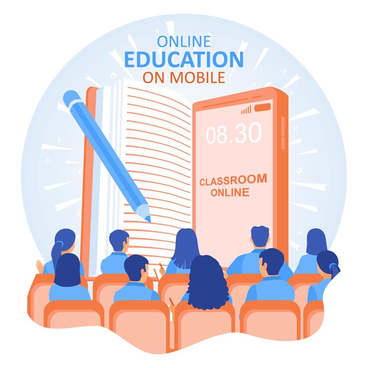 Vector internet online education digital classroom group of people taking online educational training on mobile phone screen online education concept flat vector illustration