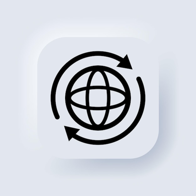 Internet-pictogram. wereld internationale aarde wereldbol icoon. ronde bol met pijlen rond teken. globe symbool silhouet. wereld teken. neumorphic ui ux gebruikersinterface webknop. vector.