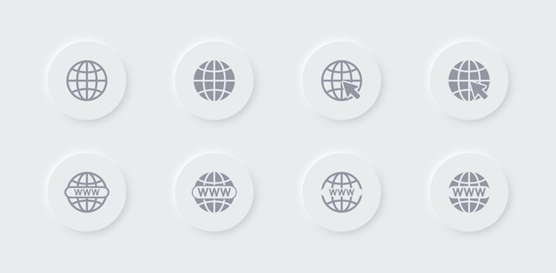 Internet pictogrammenset in neumorfisme stijl Wereld wereldwijde symbool collectie UI-ontwerp