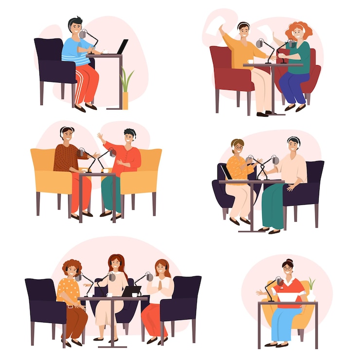 Vector internet radio podcast live streaming broadcast flat vector illustration male and female social medi