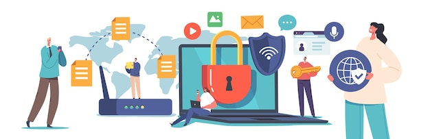 Sicurezza in internet sicurezza informatica privacy protezione dei dati personaggi del concetto di rete privata virtuale su laptop enorme