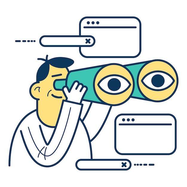 Internet search concept Cartoon man looks with binoculars