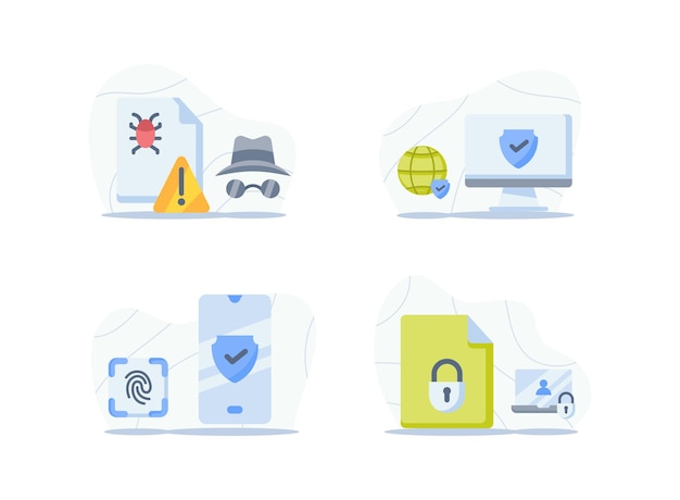 Vettore set di icone del concetto di sicurezza internet raccolta di pacchetti con bug e sensore di impronte digitali di sicurezza internet e blocco file