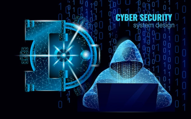 Internet security cyber attack business concept low poly anonymous hacker at the laptop computer blue finance danger server room rack polygonal point line dot geometric design vector illustration