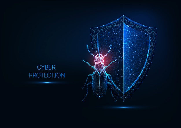 Internet security, cyber protection concept with futuristic glowing low polygonal bug and shield.