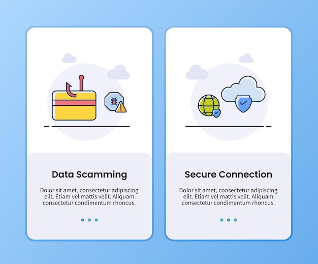 벡터 모바일 ui 앱 디자인을 위한 인터넷 보안 데이터 사기 및 보안 연결 온보딩 템플릿