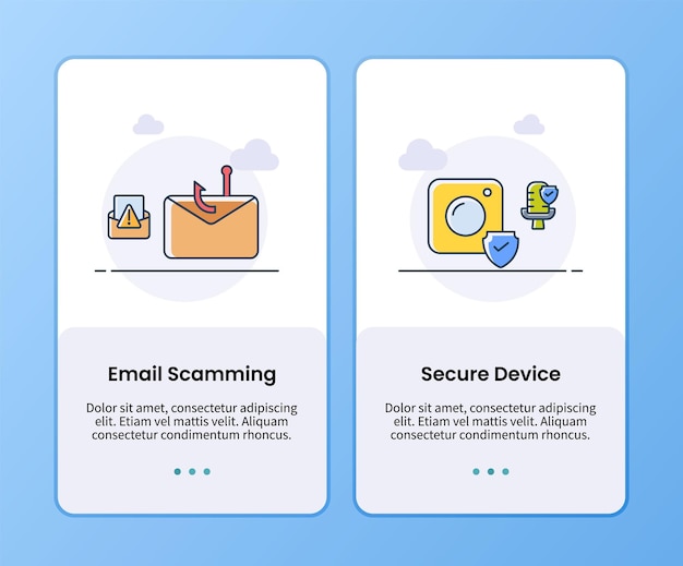 Scamming e-mail di sicurezza internet e modello di onboarding del dispositivo sicuro per l'illustrazione vettoriale della progettazione dell'app dell'interfaccia utente mobile