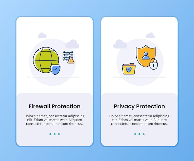 インターネットセキュリティファイアウォール保護とプライバシー保護オンボーディングテンプレートモバイルuiアプリのデザインベクトル図