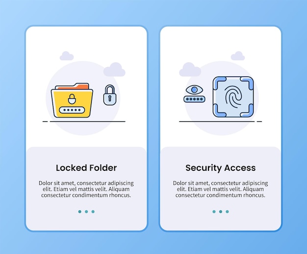 벡터 모바일 ui 앱 디자인을 위한 인터넷 보안 잠금 폴더 및 보안 액세스 온보딩 템플릿