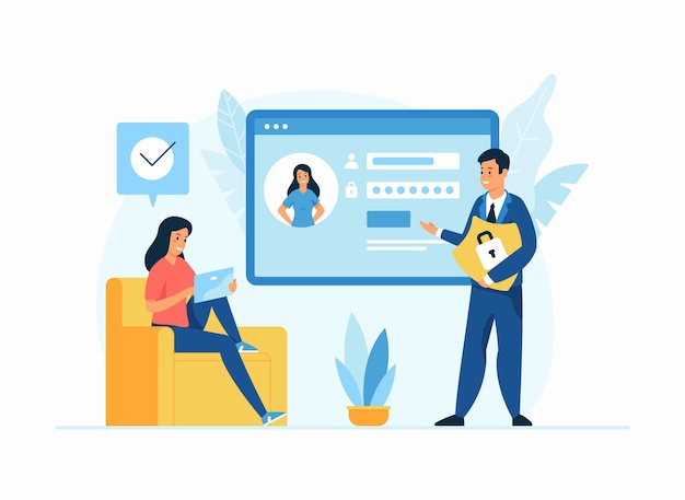 Vector internet security, personal data protection flat illustration. male cartoon character holding shield advising to keep safe personal information to woman. female character login to social media account