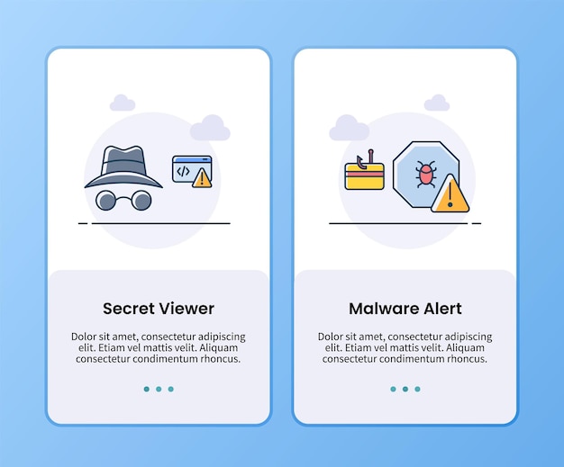 모바일 ui 앱 디자인 벡터 일러스트레이션을 위한 인터넷 보안 비밀 뷰어 및 맬웨어 경고 온보딩 템플릿