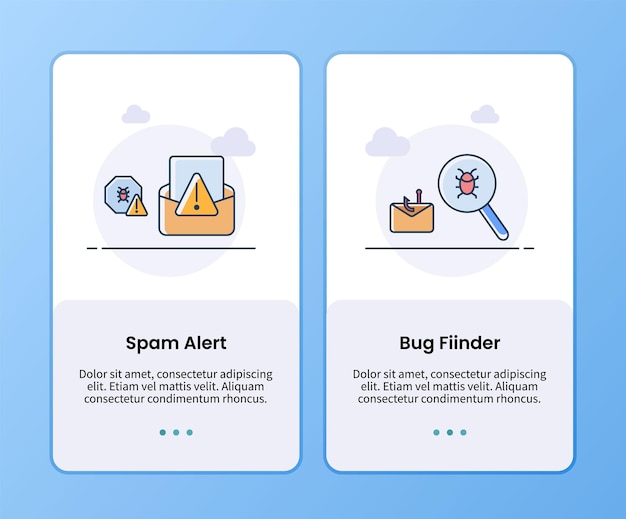 ベクトル モバイルuiアプリ設計のためのインターネットセキュリティスパムアラートとバグファインダーオンボーディングテンプレート