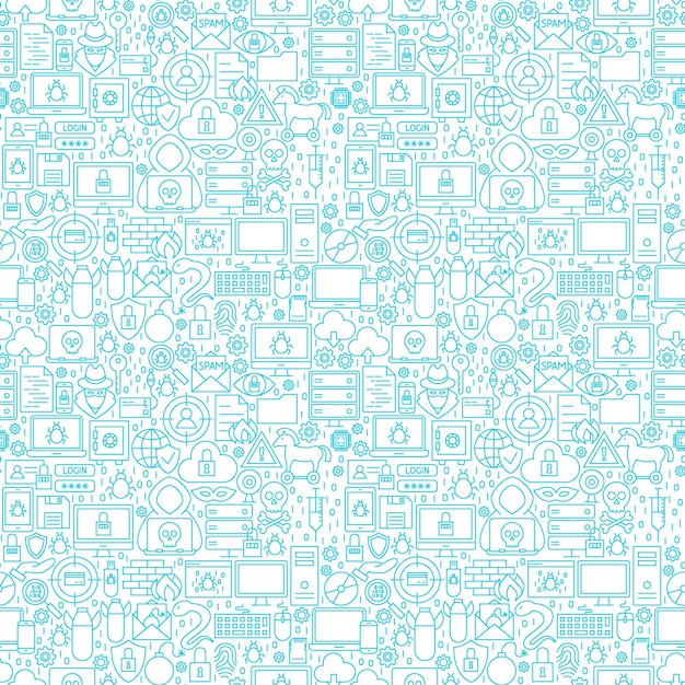 インターネットセキュリティホワイトシームレスパターン。アウトラインの背景のベクトル図です。