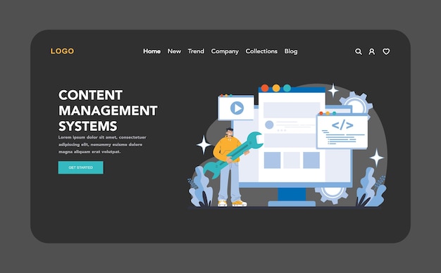 Internet services night or dark mode web or landing page content management systems streamlined