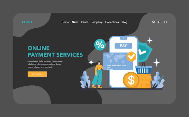 Internet services night or dark mode web or landing page online payment services streamlined