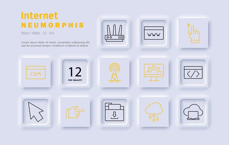 Vector 인터넷  아이콘 라우터 도메인 이름 데이터 공유 무선 연결 서버 관리 클라우드 컴퓨팅 페이지 액세스 다운로드 업로드 인터페이스