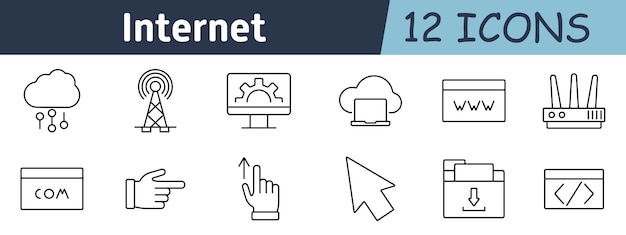 Internet set icoon Cloud computing signaal toren monitor laptop webpagina router domein hand interactie pointer map download codering netwerkbeheer